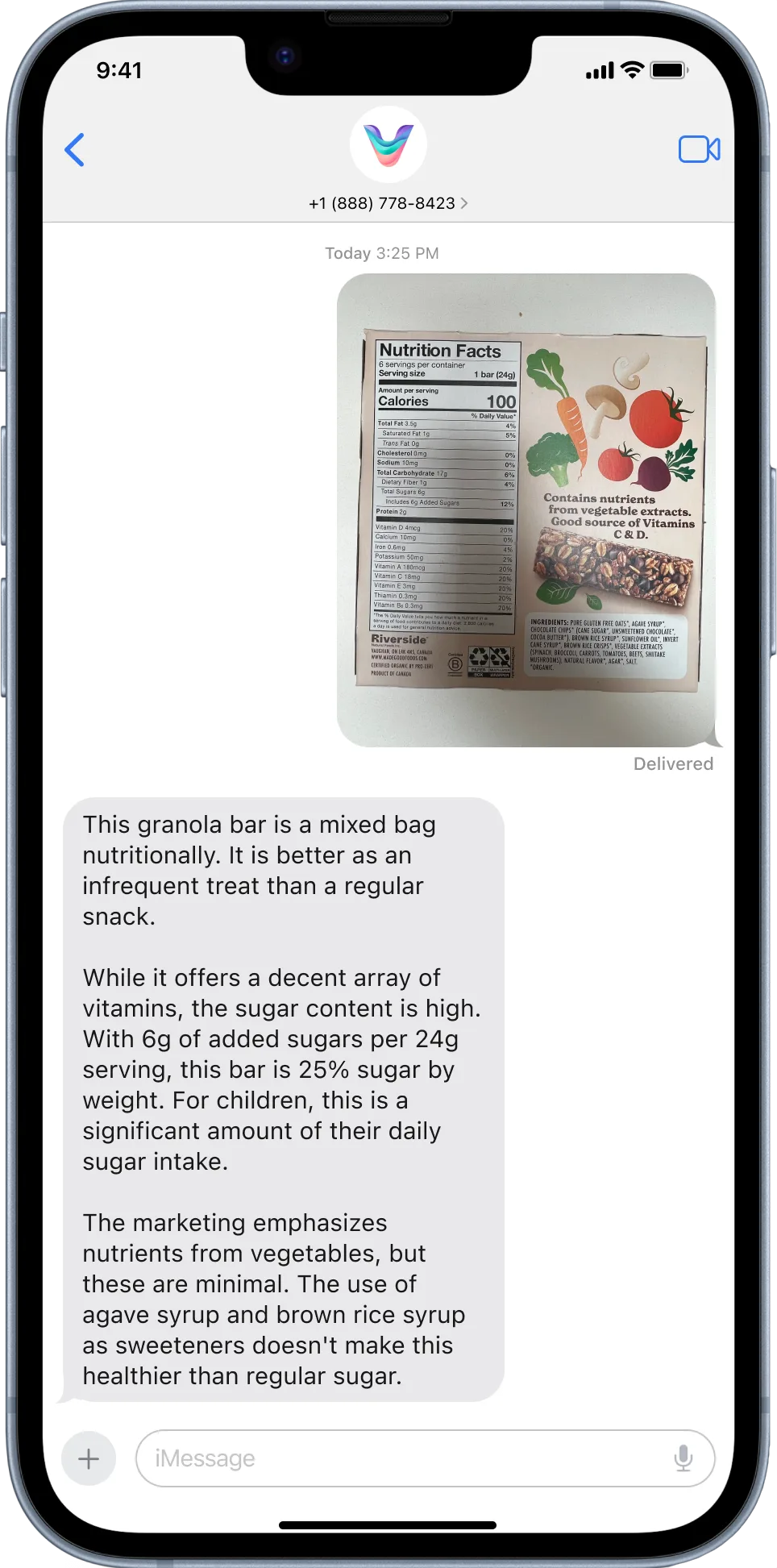 Screenshot of how Vibecheck works: an SMS conversation where Vibecheck replies to the photo of a nutrition label with its analysis.